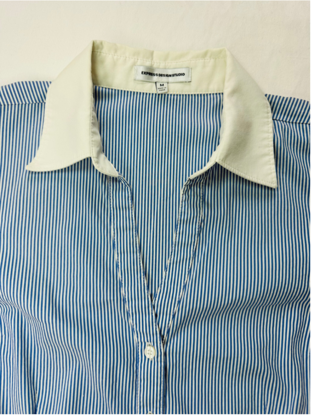 Express Design Studio Blue White Pinstripe Contrast Cuff Button Career Blouse - Picture 6 of 13